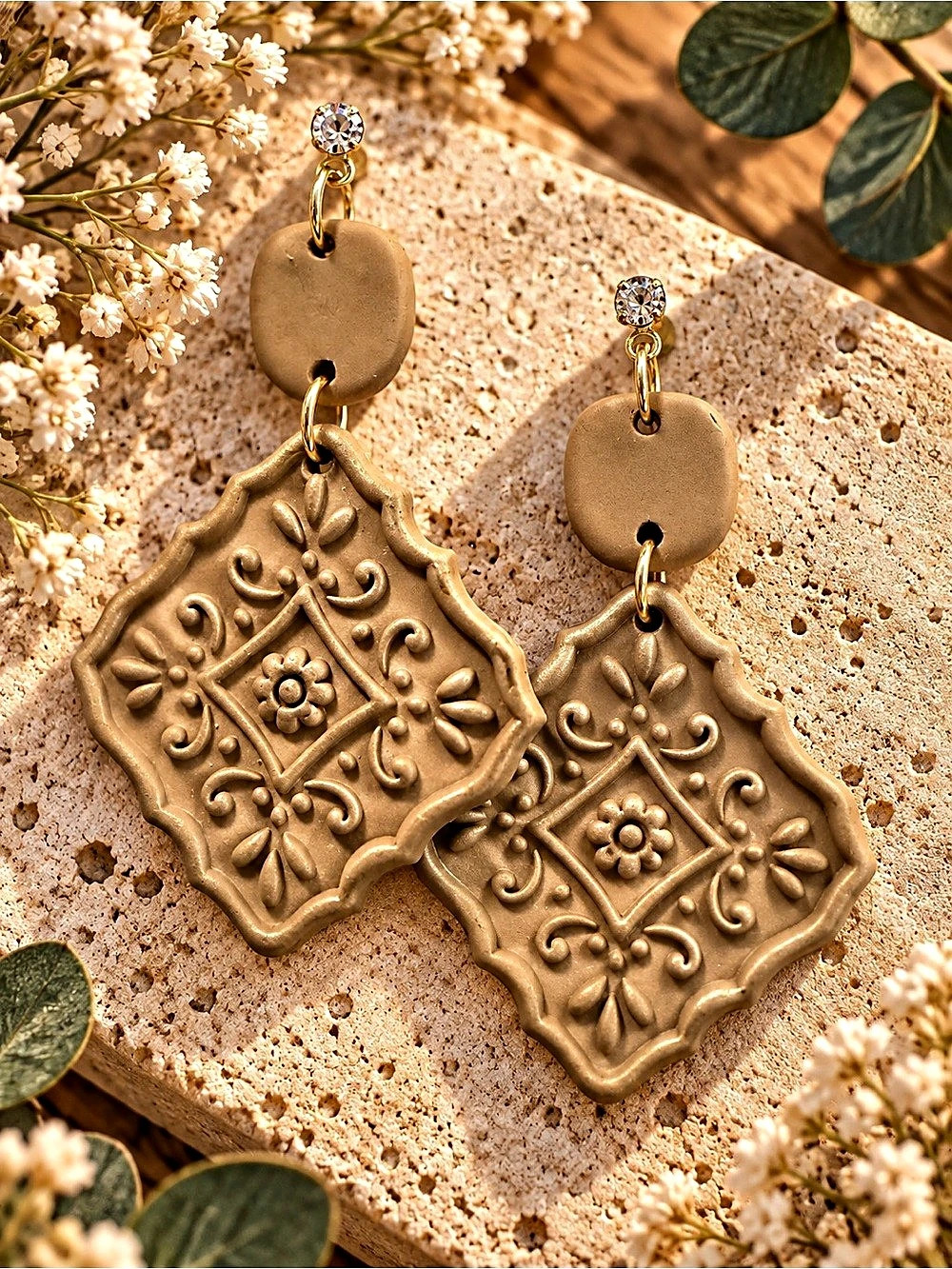 Gold & Gold-Tone Embossed Drop Earrings